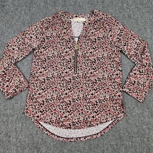 Michael Kors Zip Front Blouse Size Small Top Floral Print Roll Tab Bohemian Boho